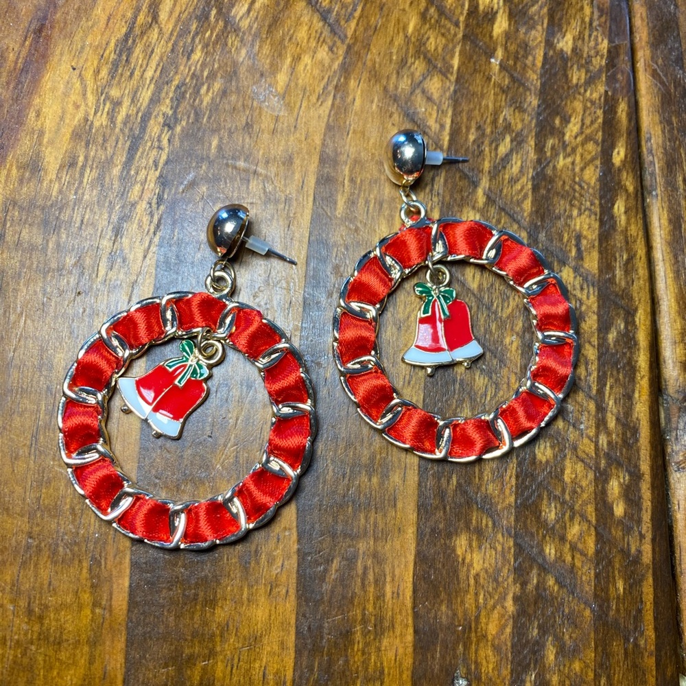 Women’s Christmas Earrings Red Gold Holiday Circle Shape with Bells